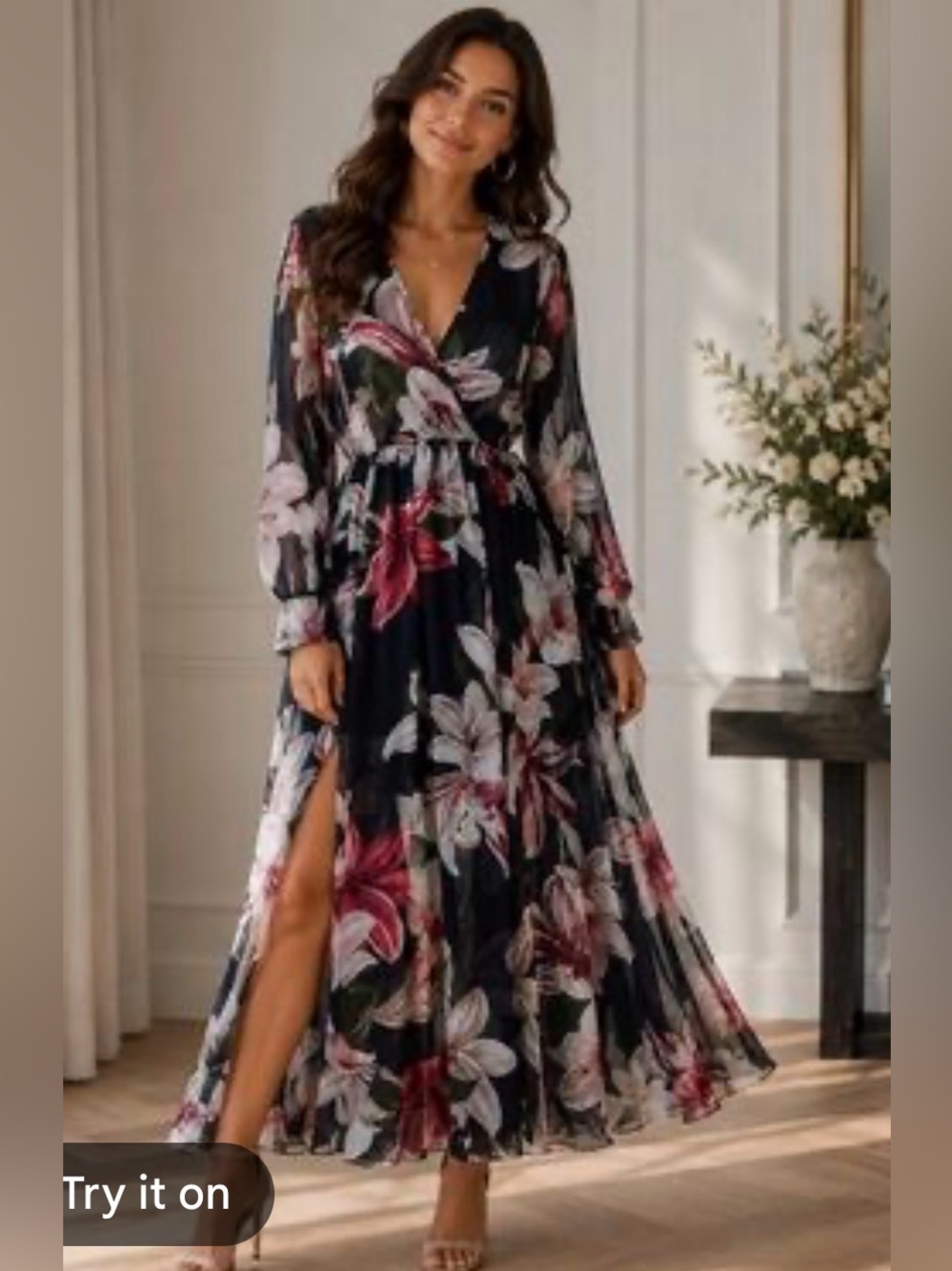 Alexa B Black Floral Wrap Maxi Dress with Long Sleeves
